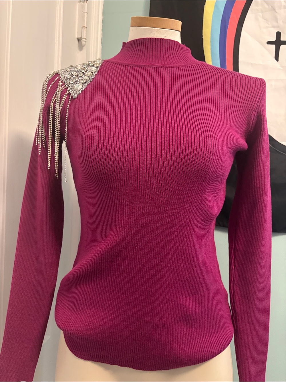 Ribbed Long-Sleeve Top with Crystal Shoulder Accent - Magenta